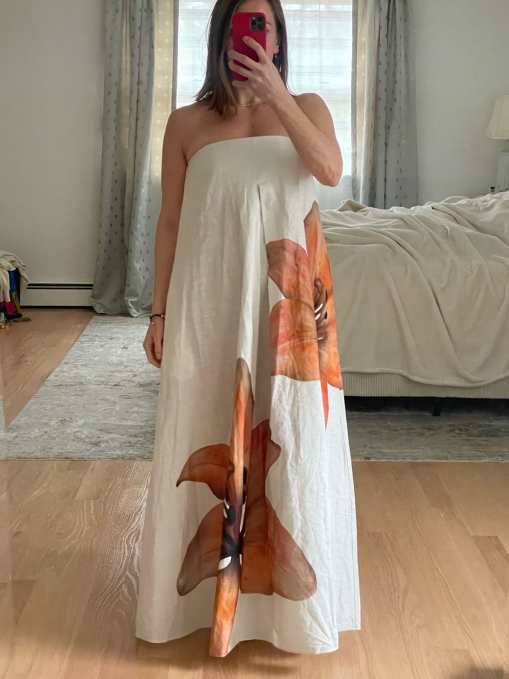 Strapless White linen Maxi Dress with Orange Floral Print - GORGEOUS